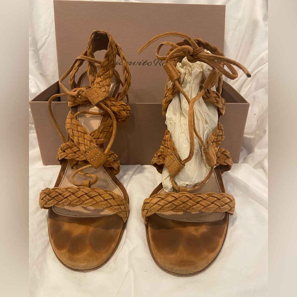 Gianvito Rossi Camel Braided Sandal. size 42